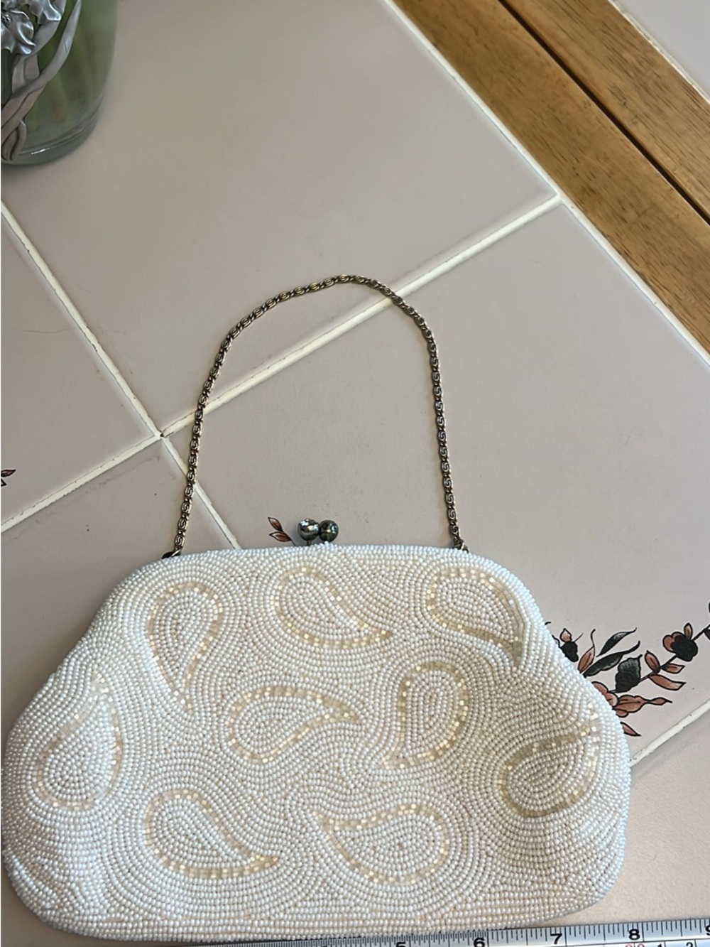 Ivory Beaded Paisley Mini Evening Bag with Chain Handle